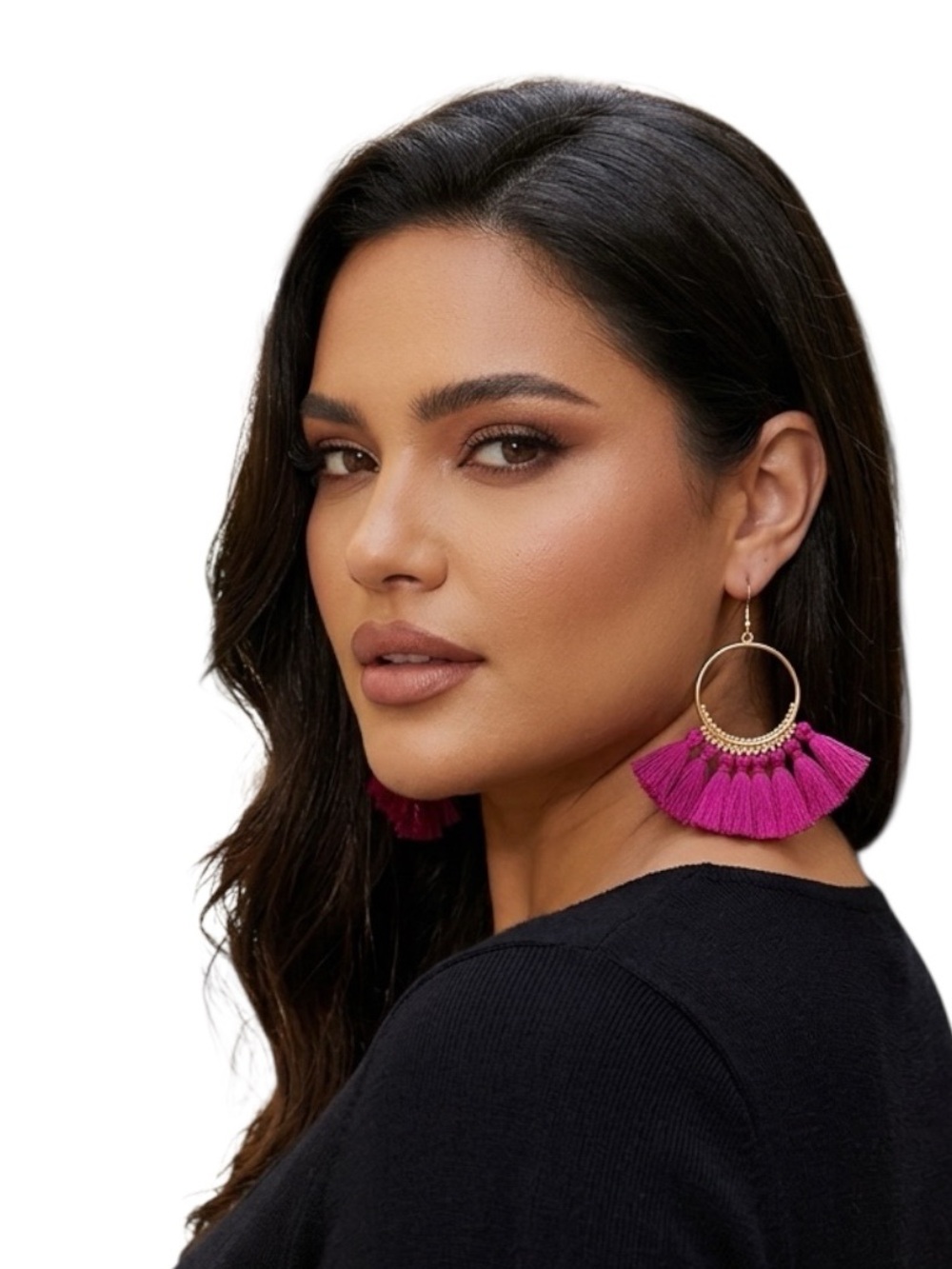 Gold Hoop Tassel Earrings in Magenta - Women Jewelry